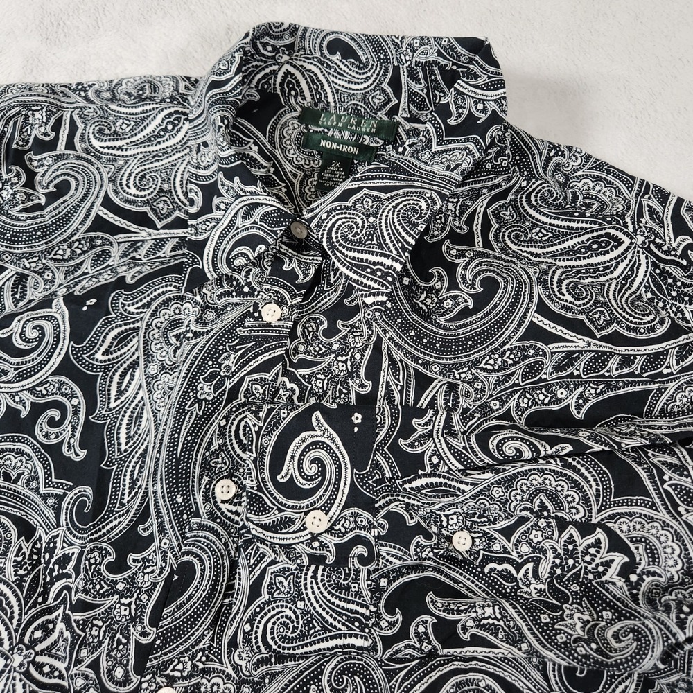 Lauren Ralph Lauren Button Down Women 2X Black White Paisley Non-Iron Shirt
